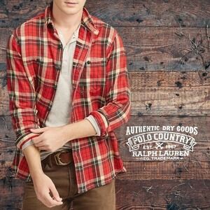Polo Country RL Mens Classic Fit Plaid Twill Work Shirt Hot Red Yellow Multi M